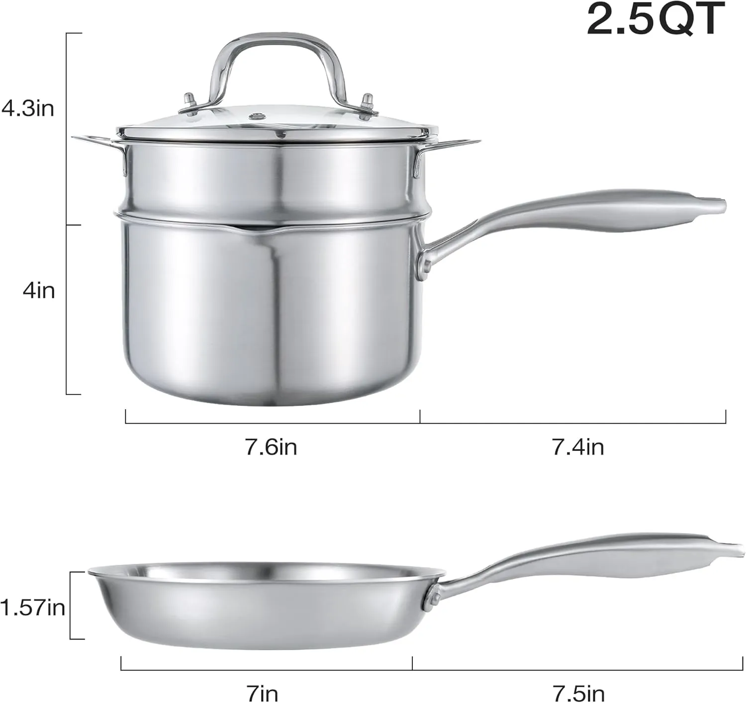 2.5 QT Stainless Steel Saucepan Set with Steamer Basket & 7 Inch Shallow Pan – Tri-Ply Clad Low-Height Pot for Boiling, Pasta, Gravies, Noodles, Steaming Vegetables, Omelet Cooking