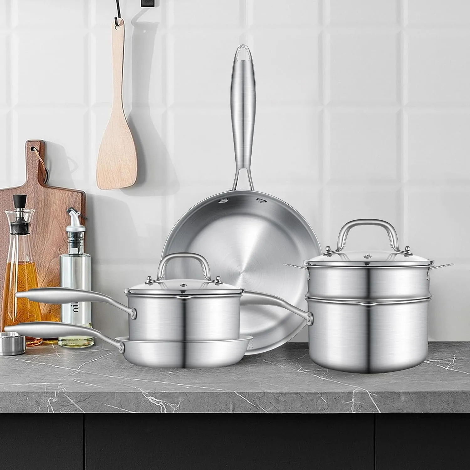 2.5 QT Stainless Steel Saucepan Set with Steamer Basket & 7 Inch Shallow Pan – Tri-Ply Clad Low-Height Pot for Boiling, Pasta, Gravies, Noodles, Steaming Vegetables, Omelet Cooking