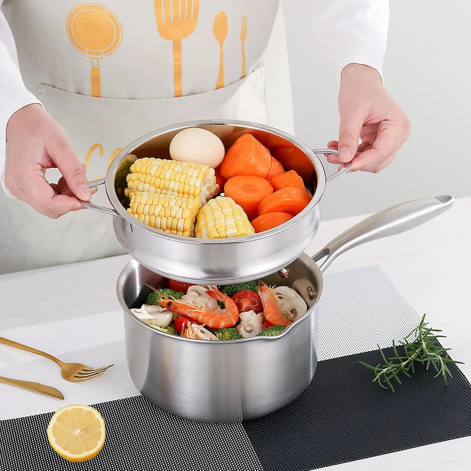 2.5 QT Stainless Steel Saucepan Set with Steamer Basket & 7 Inch Shallow Pan – Tri-Ply Clad Low-Height Pot for Boiling, Pasta, Gravies, Noodles, Steaming Vegetables, Omelet Cooking