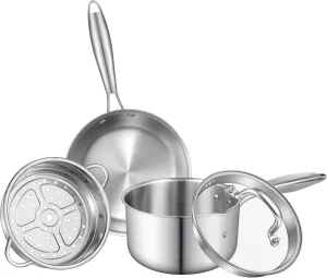 2.5 QT Stainless Steel Saucepan Set with Steamer Basket & 7 Inch Shallow Pan – Tri-Ply Clad Low-Height Pot for Boiling, Pasta, Gravies, Noodles, Steaming Vegetables, Omelet Cooking