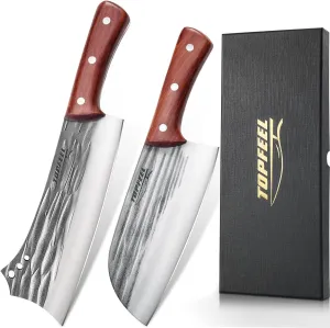 2PCS Meat Cleaver & Heavy Duty Bone Chopper Knife Set, Hand Forged German High Carbon Stainless Steel Butcher Knife for Home Kitchen & Outdoor