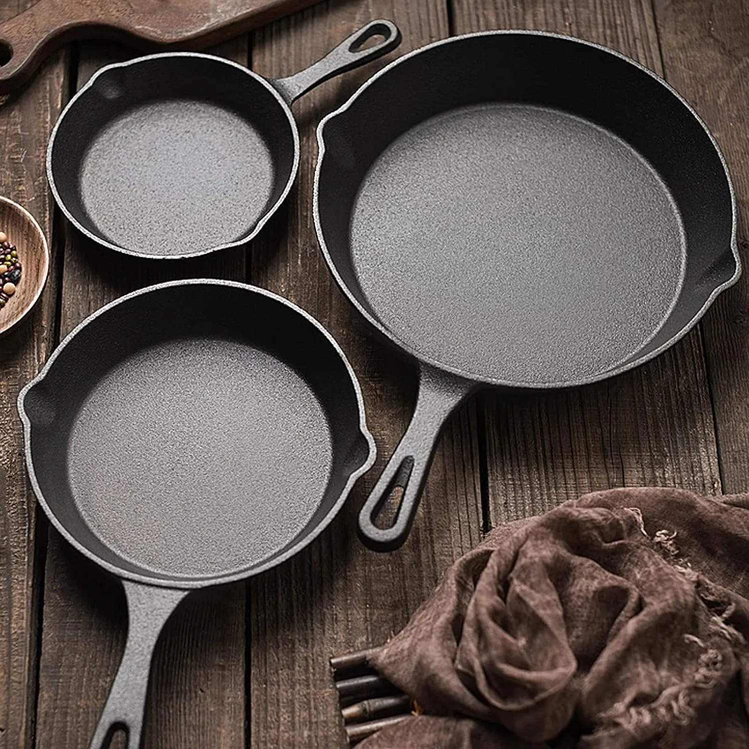3-Piece Pre-Seasoned Large Cast Iron Skillet Fry Pan Set Perfect for Frying, BBQ, Camping. Oven safe