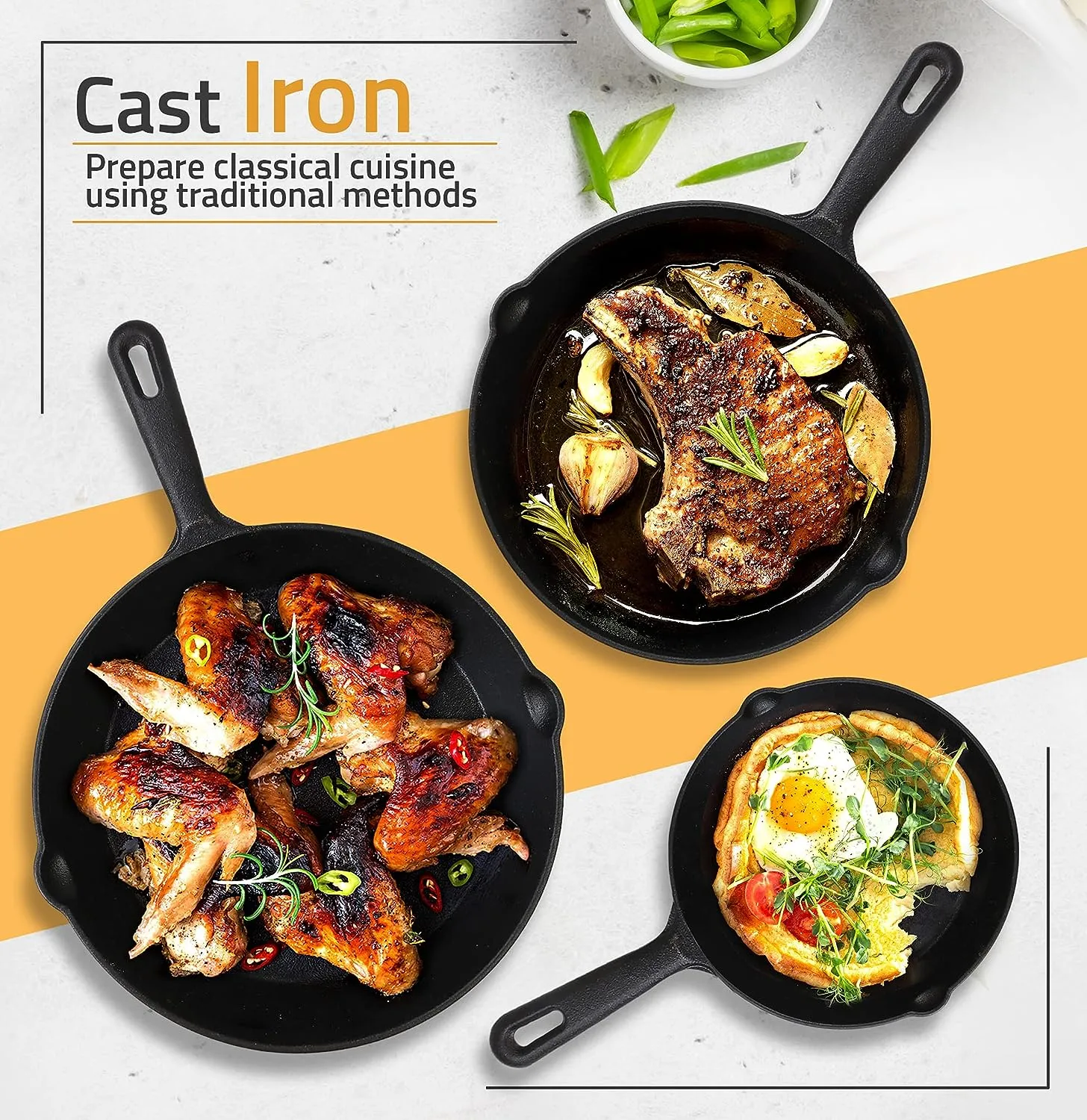 3-Piece Pre-Seasoned Large Cast Iron Skillet Fry Pan Set Perfect for Frying, BBQ, Camping. Oven safe