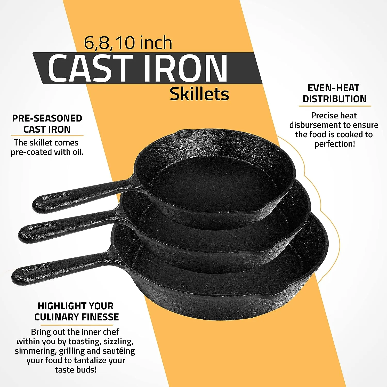 3-Piece Pre-Seasoned Large Cast Iron Skillet Fry Pan Set Perfect for Frying, BBQ, Camping. Oven safe