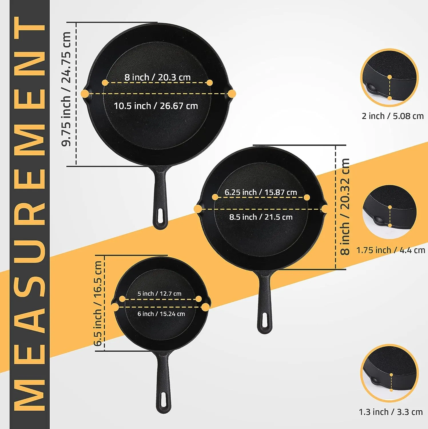 3-Piece Pre-Seasoned Large Cast Iron Skillet Fry Pan Set Perfect for Frying, BBQ, Camping. Oven safe