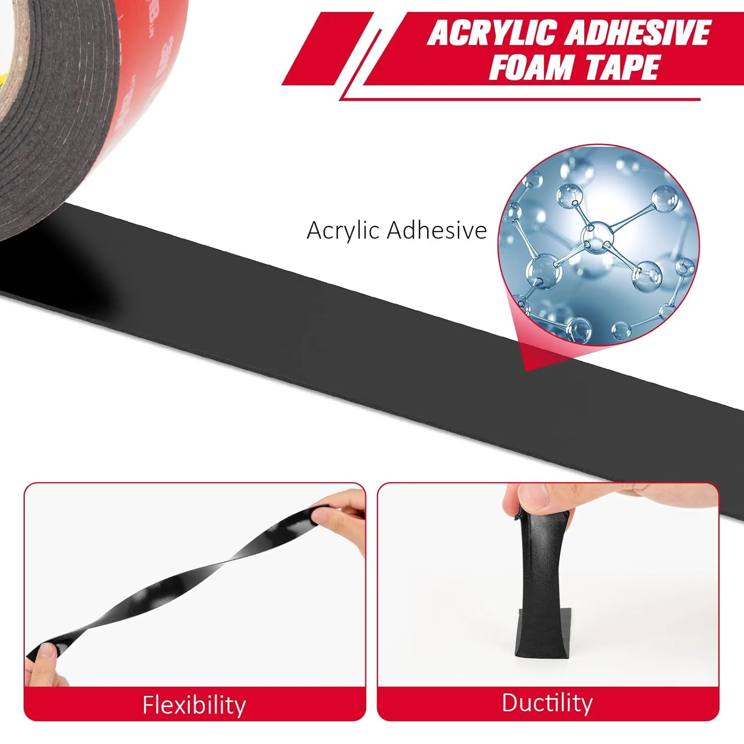 3M Double Sided Mounting Tape VHB 2" x 15.4 Ft 0.025in Thick Black 5925 Heavy Duty Foam Tape Strong Adhesive for Car Décor Home Office Logos
