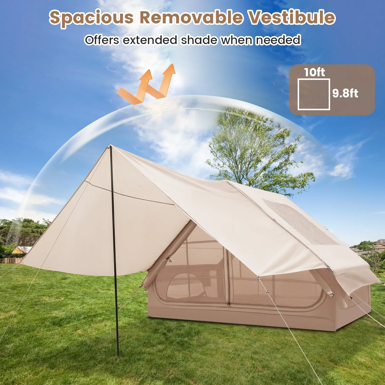 4-6 People Inflatable Camping Tent with Porch and Carrying Bag-Beige