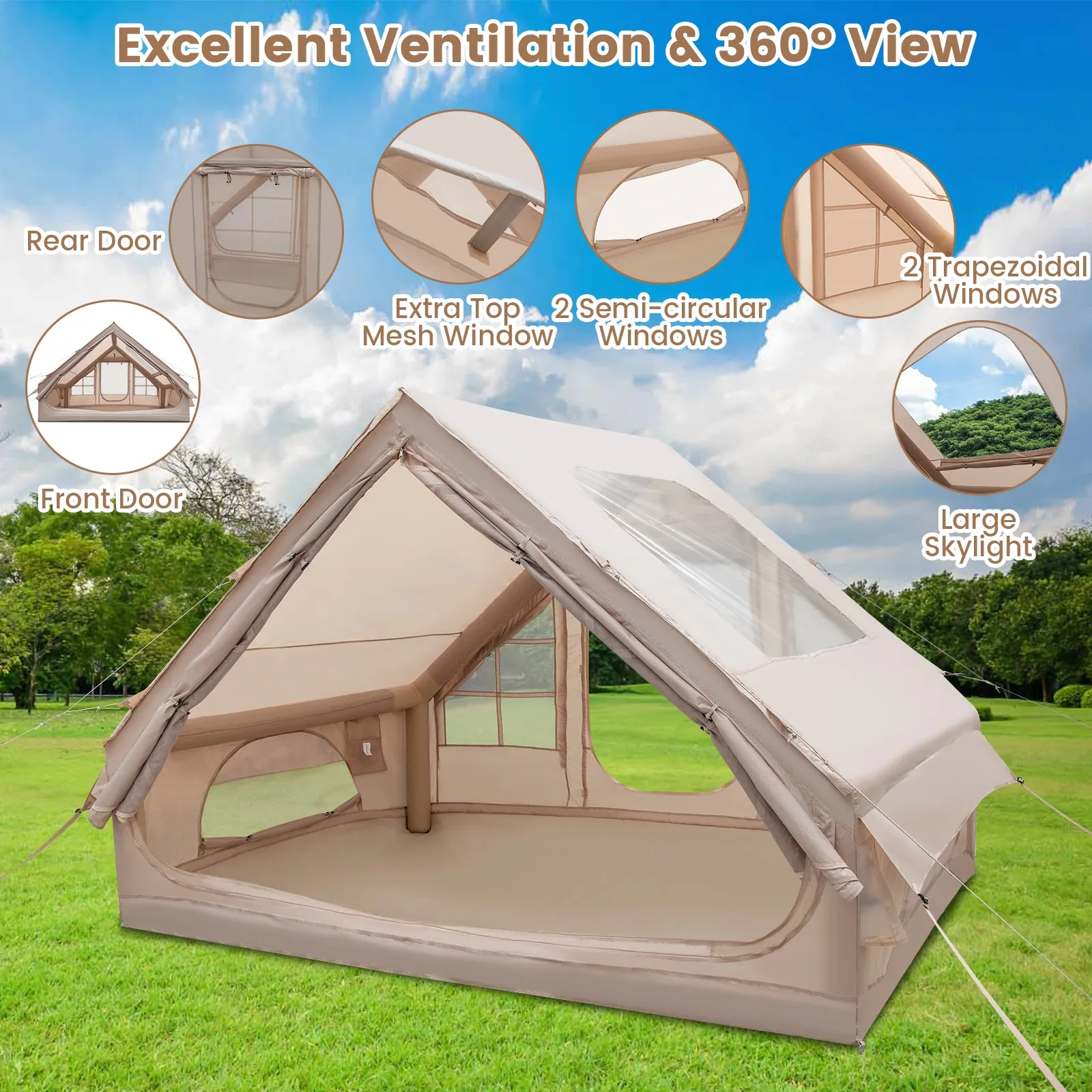 4-6 People Inflatable Camping Tent with Porch and Carrying Bag-Beige