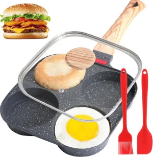 4-Cup Egg Pan, Premium Egg Pans Nonstick, Omelette Pan with Lid , Healthy Egg Frying Pan for Breakfast, Egg Sandwich, Hamburger, Pancake, Egg Skillet Suitable for Gas Stove & Induction Cookware