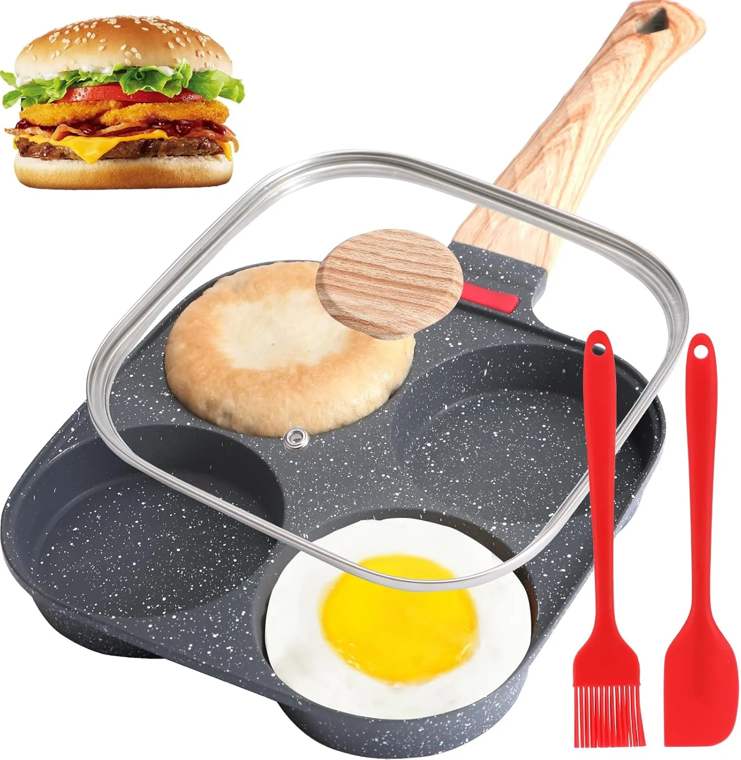 4-Cup Egg Pan, Premium Egg Pans Nonstick, Omelette Pan with Lid , Healthy Egg Frying Pan for Breakfast, Egg Sandwich, Hamburger, Pancake, Egg Skillet Suitable for Gas Stove & Induction Cookware