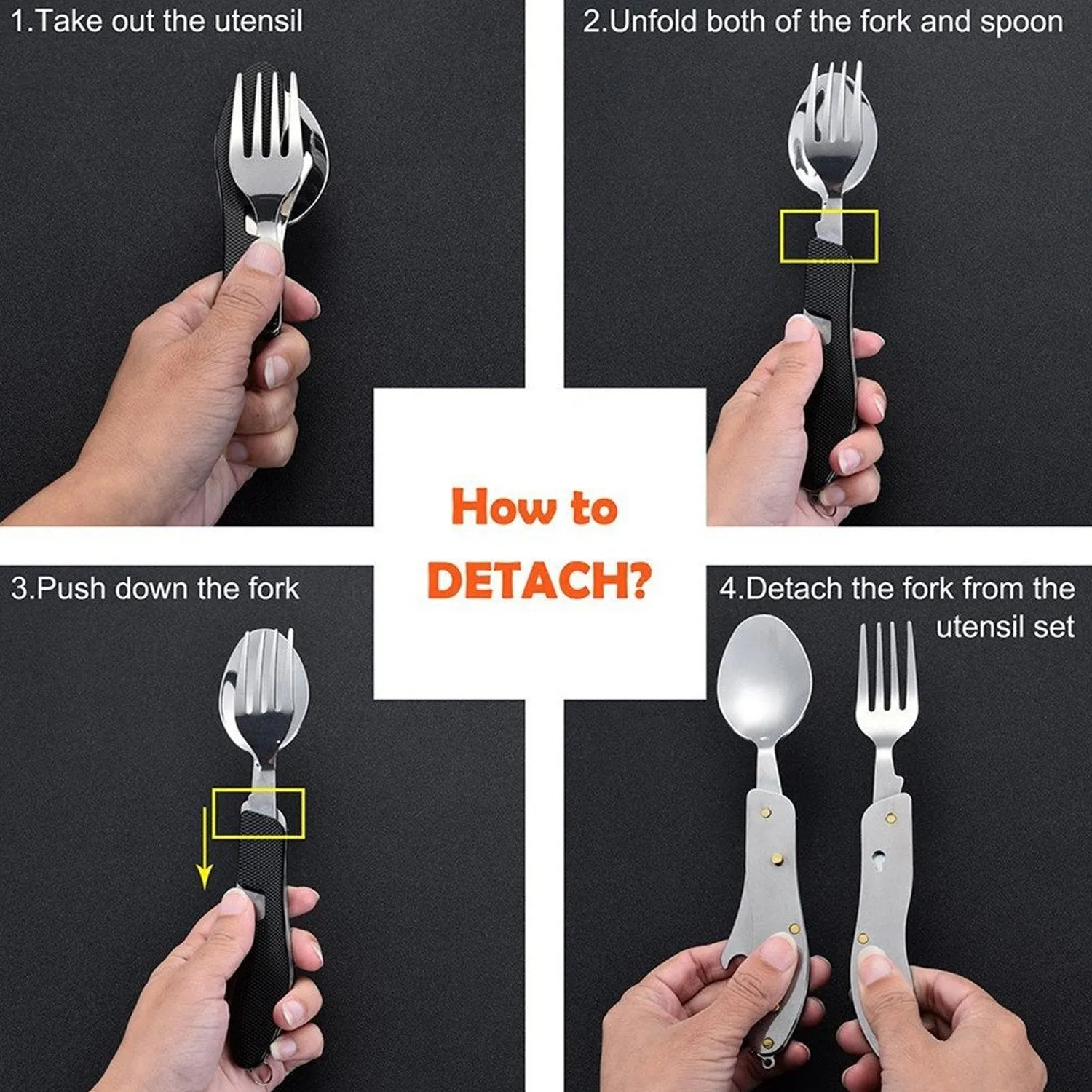 4-in-1 Stainless Steel Travel / Camping Folding Multi Swiss Cutlery Set