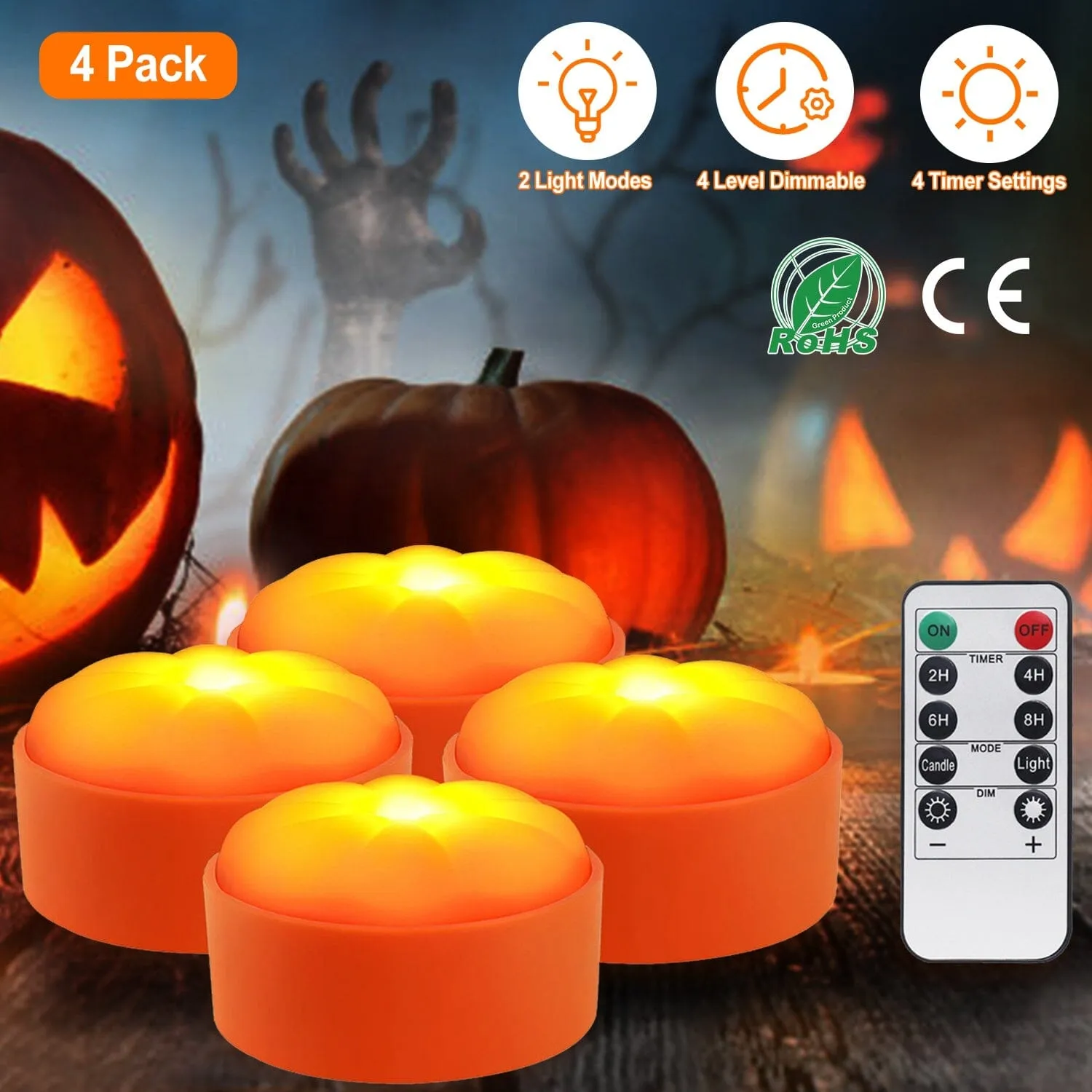 4-Pack: Halloween LED Pumpkin Lights Battery Operated with 2 Light Modes 4 Timer Setting