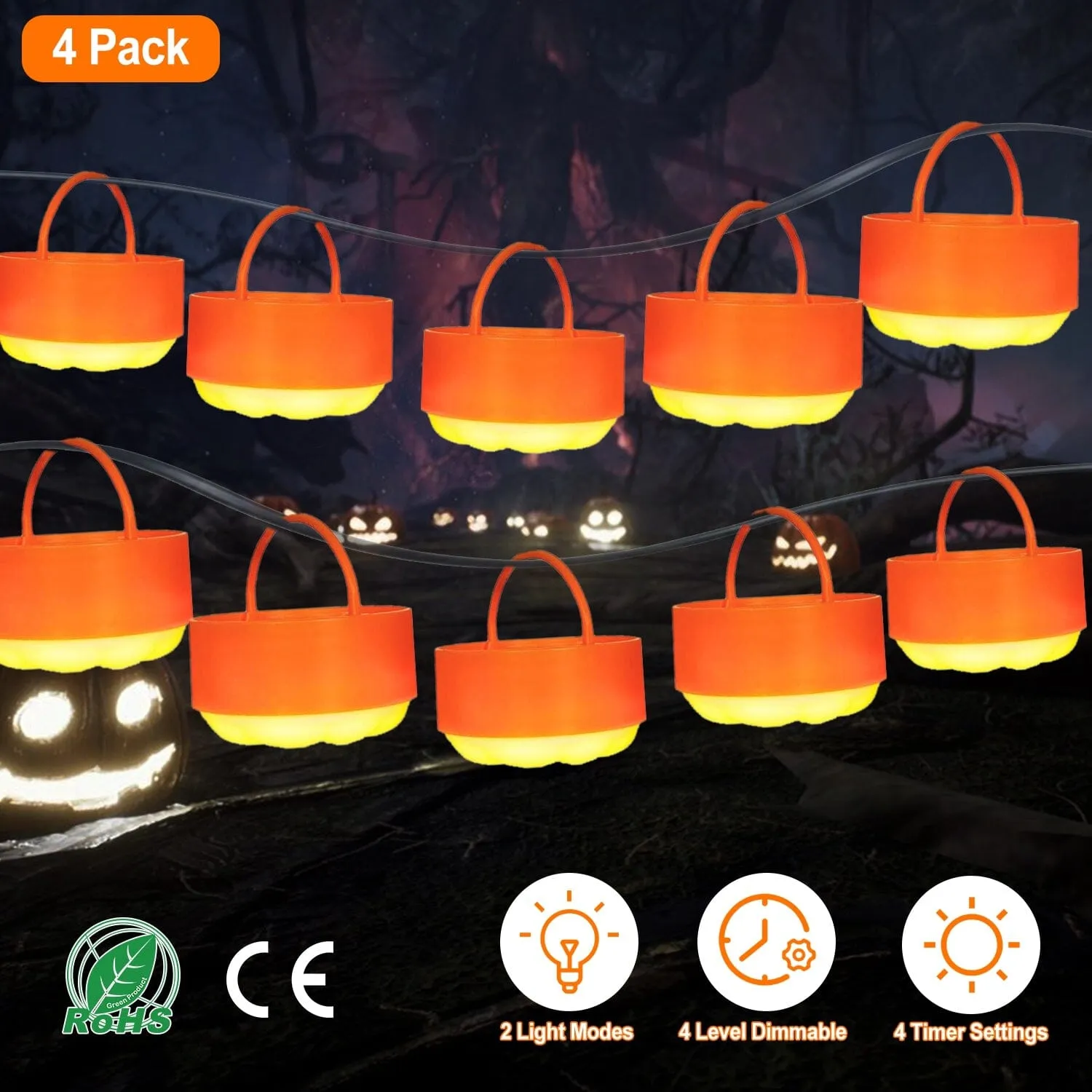 4-Pack: Halloween LED Pumpkin Lights Battery Operated with 2 Light Modes 4 Timer Setting