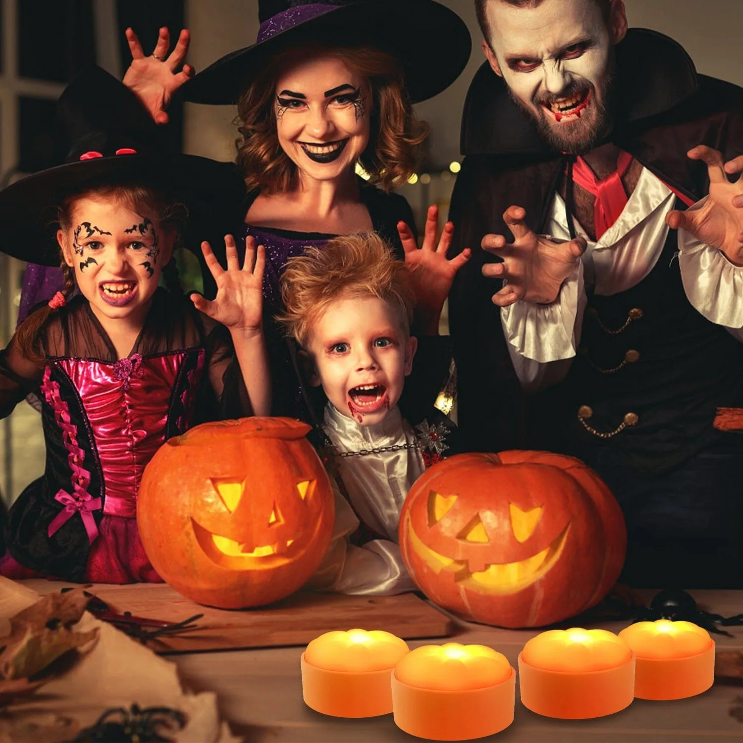 4-Pack: Halloween LED Pumpkin Lights Battery Operated with 2 Light Modes 4 Timer Setting