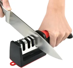 4-Stage Knife, Scissor Sharpener - Universal Kitchen Knife & Scissor All Kind Of Sharpening Tool, Medium, Red & Black