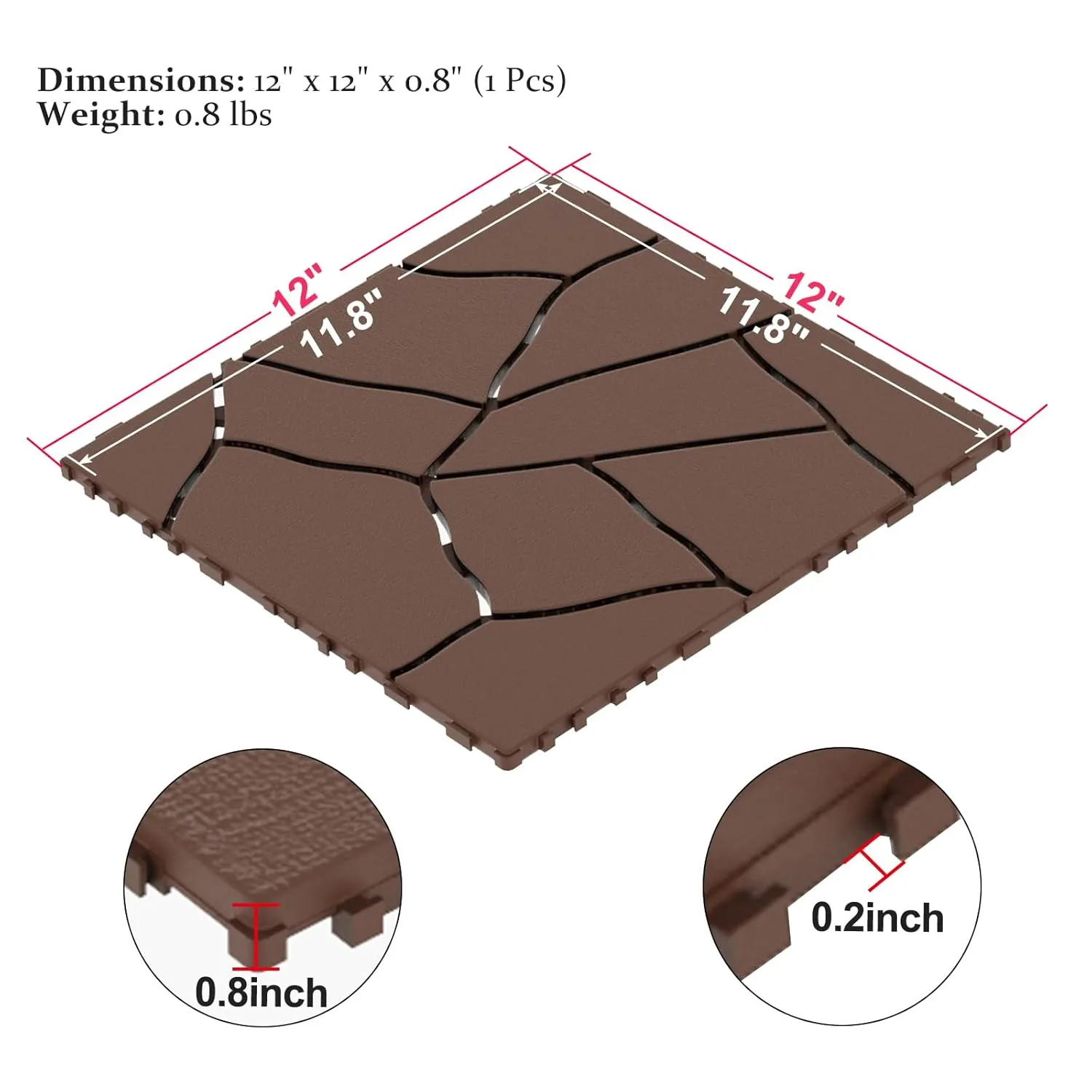 44 PCS Plastic Interlocking Deck Tiles, 12" x 12" Patio Outdoor Deck Tiles, Self-draining, Square Patio Floor Decking Tiles for Porch, Poolside, Balcony, Backyard, Indoor and Outdoor Use (Red Brown)