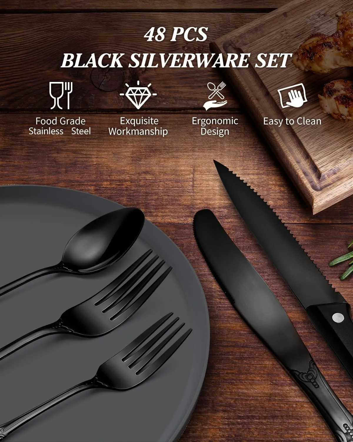 48 Pieces Black Silverware Set for 8, Retro Royal Flatware Set with Steak Knives, Gorgeous Stainless Steel Cutlery Utensil Set Include Forks Spoons and Knives, Mirror Finish,Dishwasher Safe