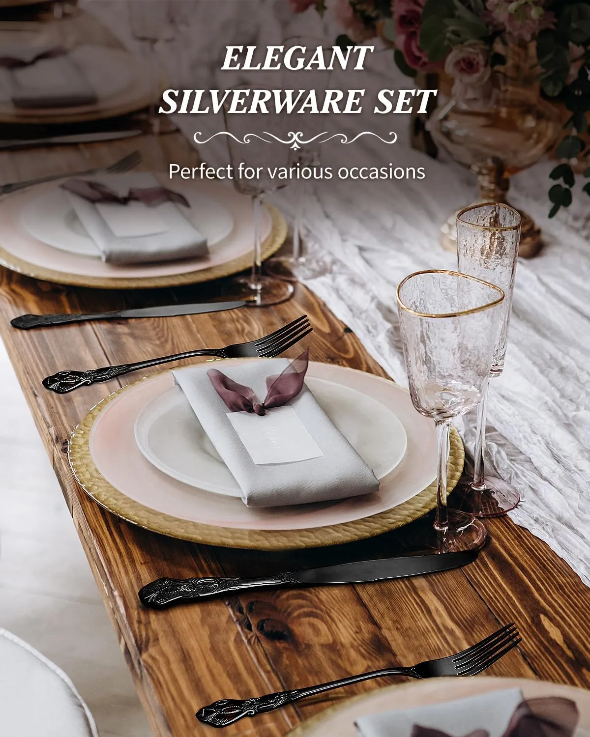 48 Pieces Black Silverware Set for 8, Retro Royal Flatware Set with Steak Knives, Gorgeous Stainless Steel Cutlery Utensil Set Include Forks Spoons and Knives, Mirror Finish,Dishwasher Safe