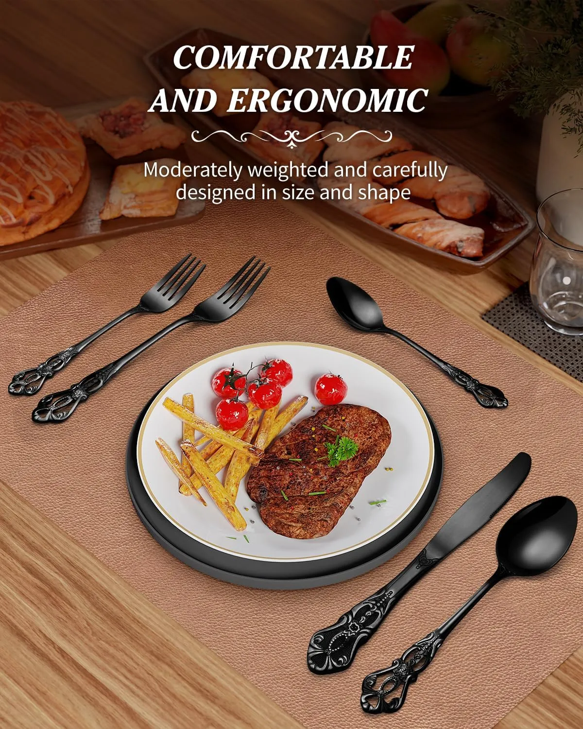 48 Pieces Black Silverware Set for 8, Retro Royal Flatware Set with Steak Knives, Gorgeous Stainless Steel Cutlery Utensil Set Include Forks Spoons and Knives, Mirror Finish,Dishwasher Safe