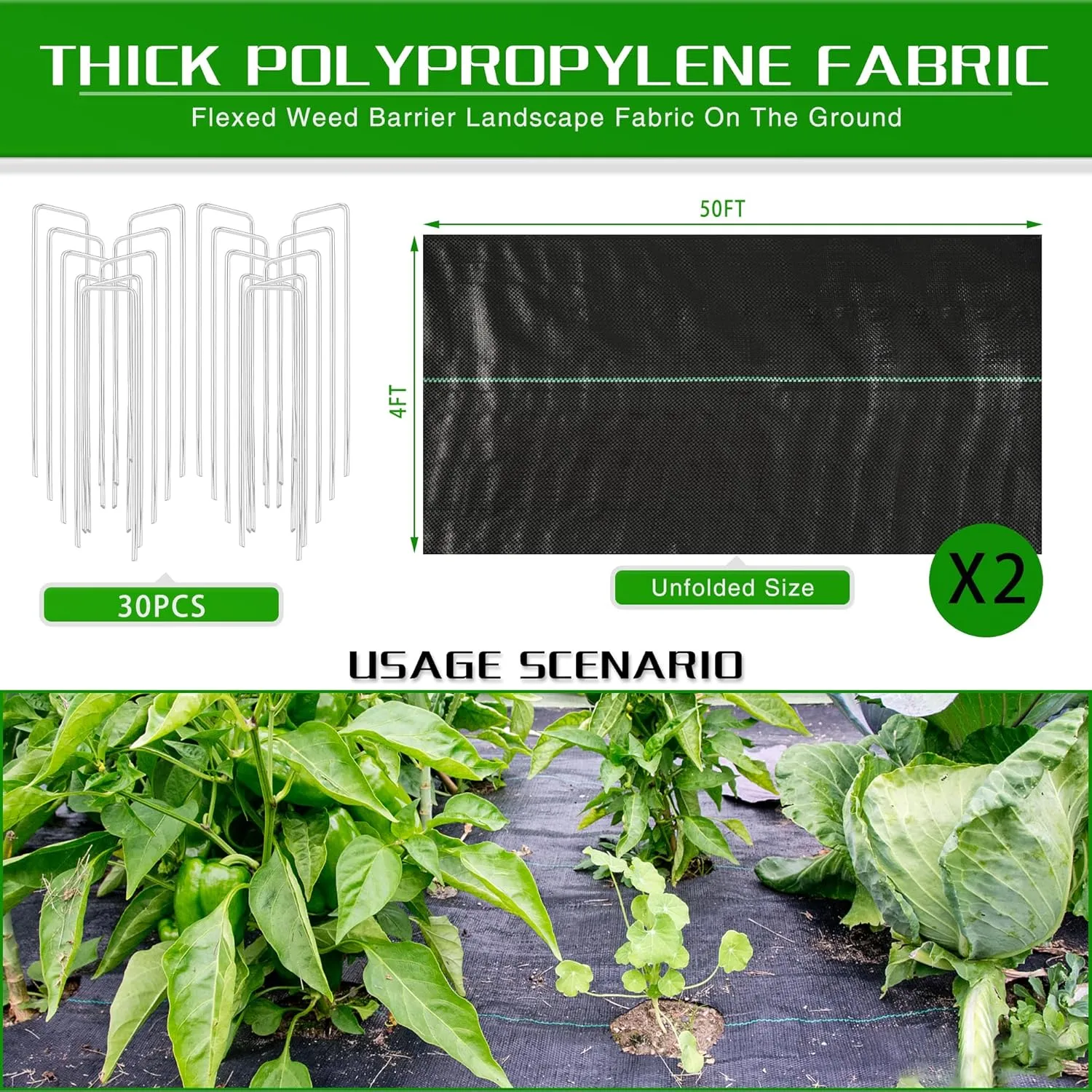 4FT x 100FT Weed Barrier Landscape Fabric Heavy Duty, 3.2oz Premium Gardening Weed Control Mat with 30 U-Shaped Securing Pegs, Ground Cover for Gardening, Farming, Raised Bed（2 Packs 4x50FT）