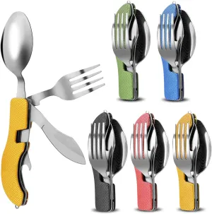 5-Pack 4-in-1 Camping Utensils,Portable Stainless Steel Cutlery with Fork, Spoon,Knife, and Bottle Opener for Travel,Backpacking,Hiking Backpacking Cutlery Multitool