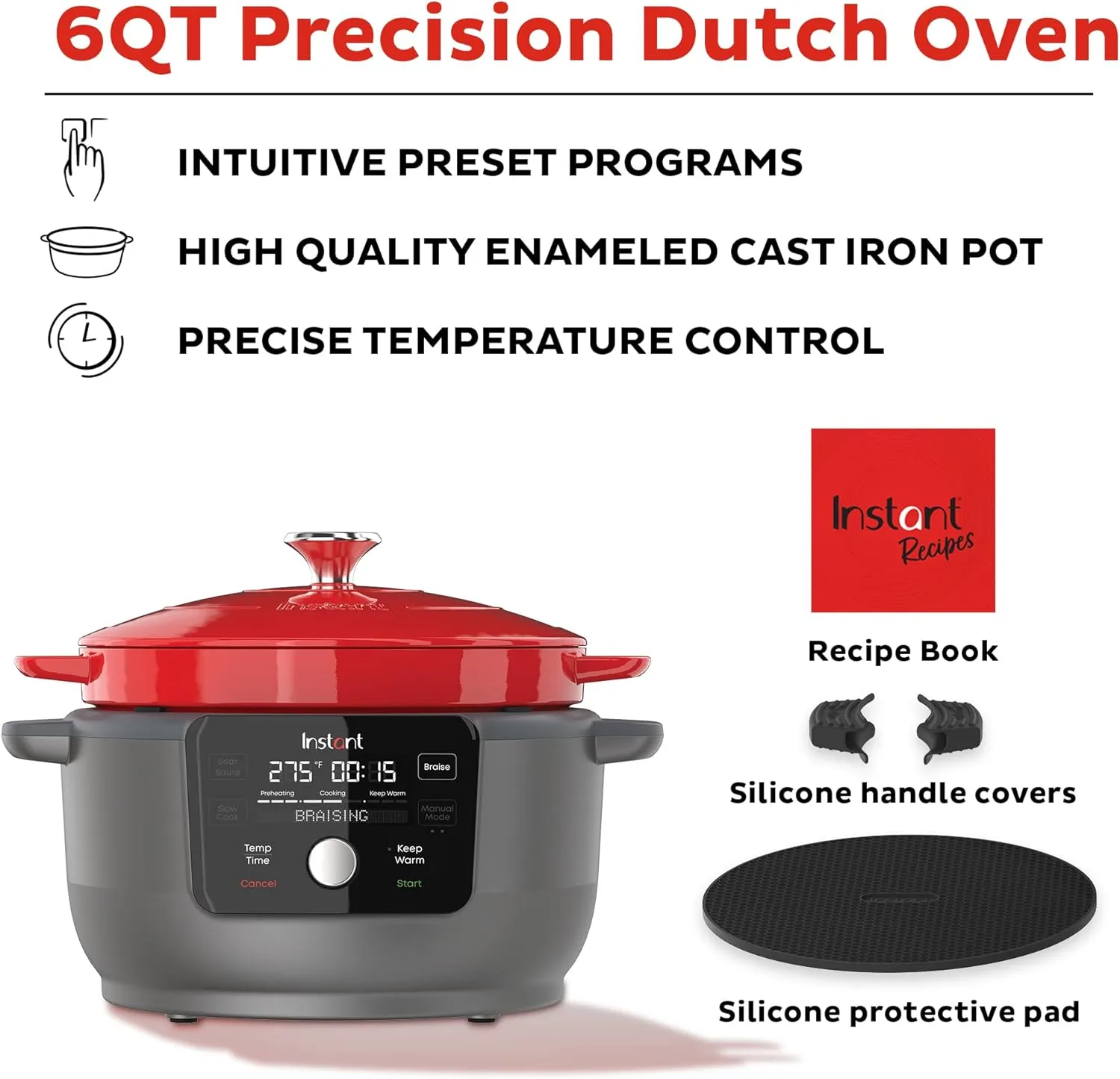6-Quart 1500W Electric Dutch Oven with Recipe Book - Braise, Slow Cook, Sear, Warm, Red Enameled Cast Iron