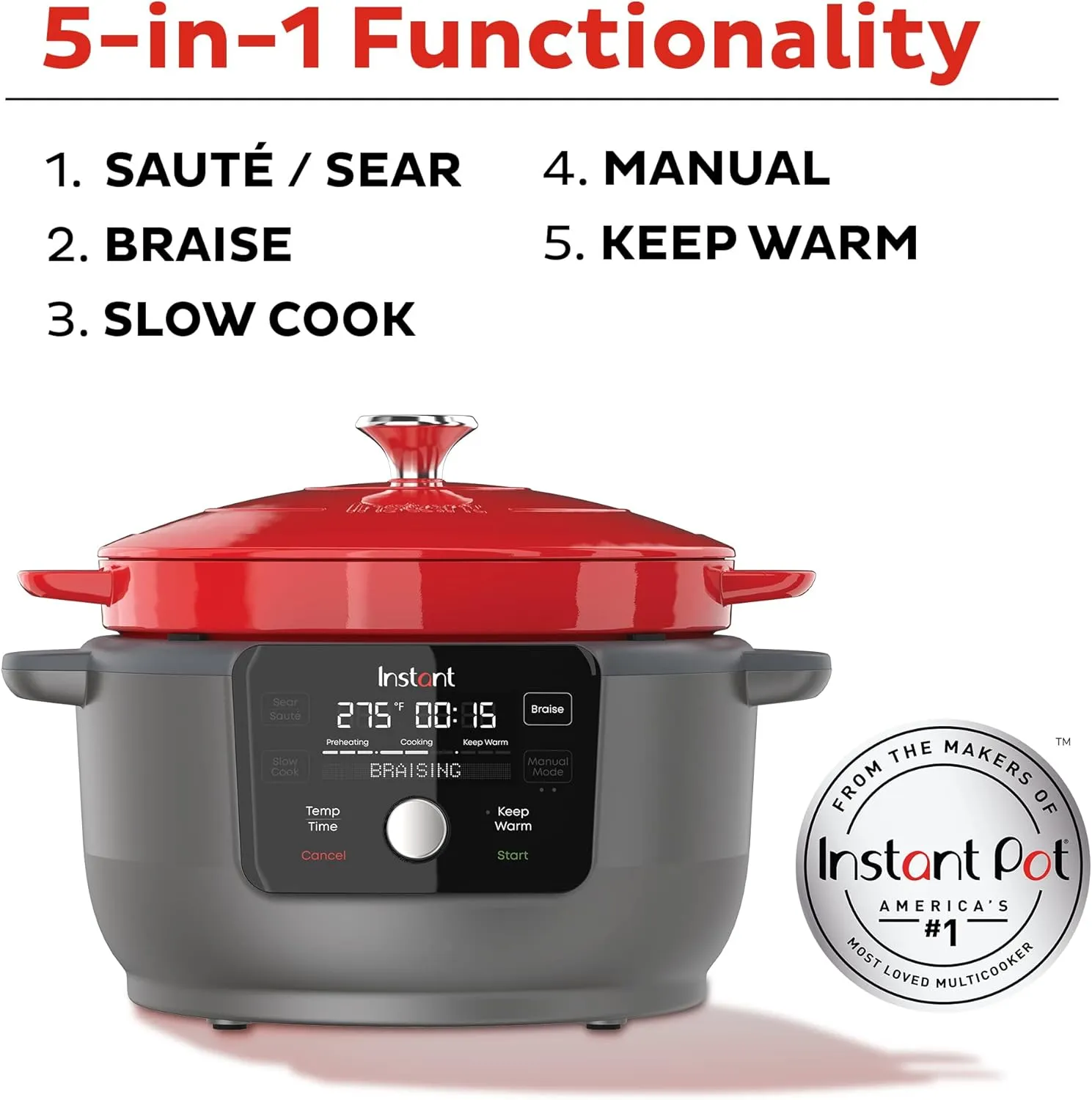 6-Quart 1500W Electric Dutch Oven with Recipe Book - Braise, Slow Cook, Sear, Warm, Red Enameled Cast Iron