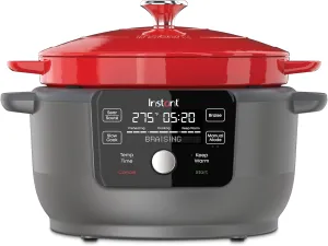 6-Quart 1500W Electric Dutch Oven with Recipe Book - Braise, Slow Cook, Sear, Warm, Red Enameled Cast Iron