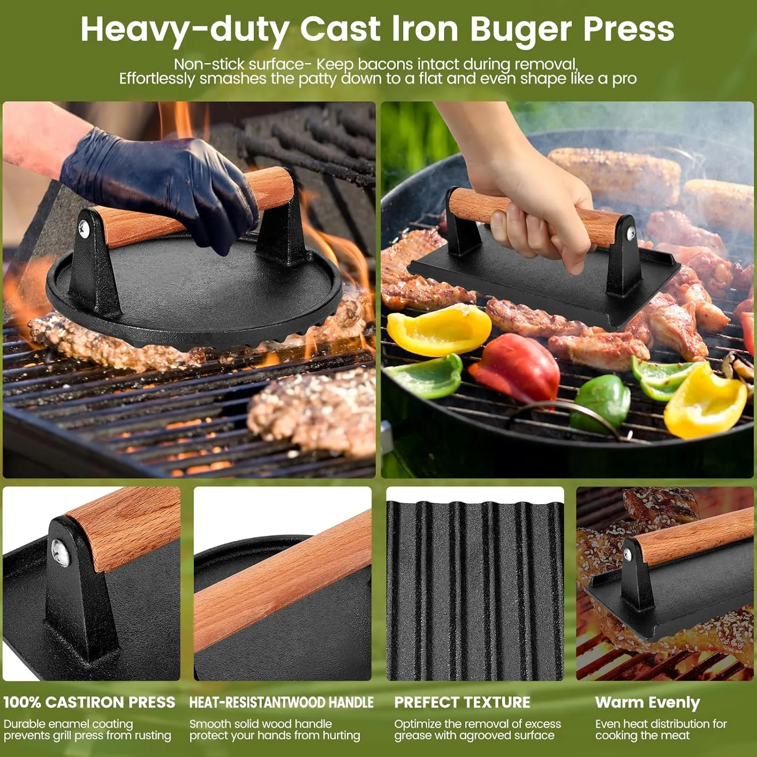 7” Round Heavy-Duty Cast Iron Smash Meat Steak with Wooden Handle for Blackstone Griddle, Ideal for Patty, Panini, Steak & Sandwiches, Nonstick Pan