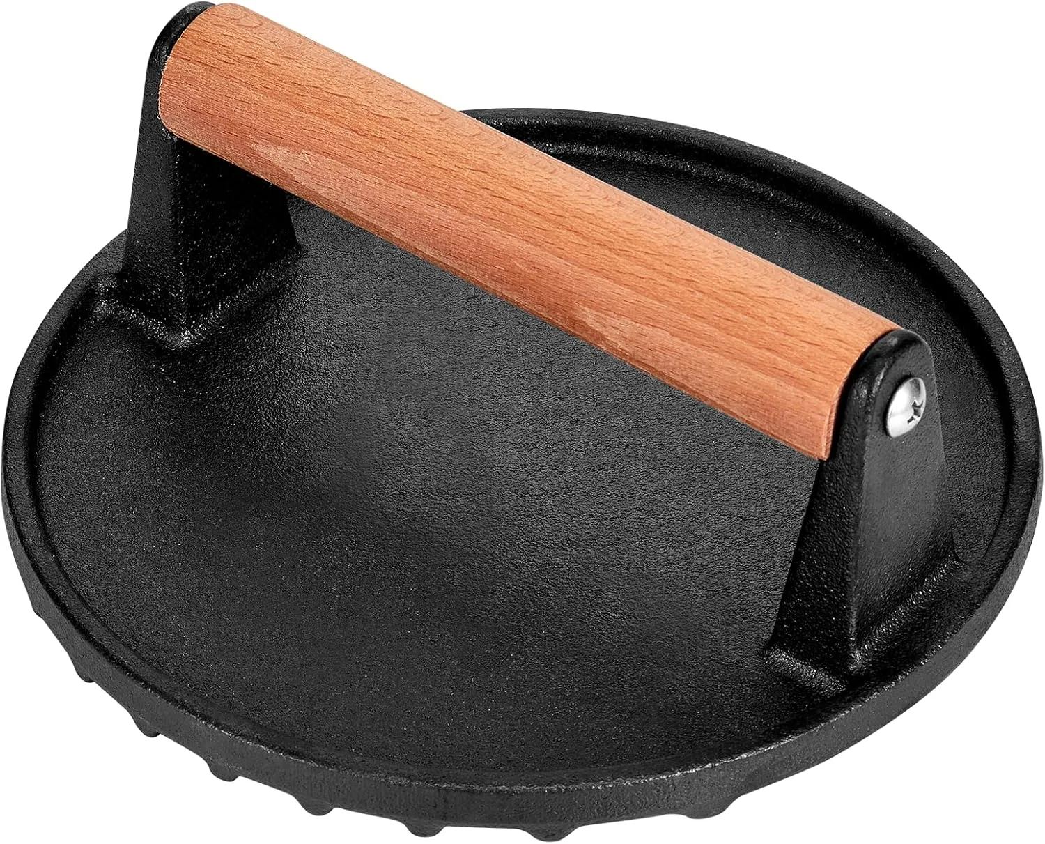 7” Round Heavy-Duty Cast Iron Smash Meat Steak with Wooden Handle for Blackstone Griddle, Ideal for Patty, Panini, Steak & Sandwiches, Nonstick Pan