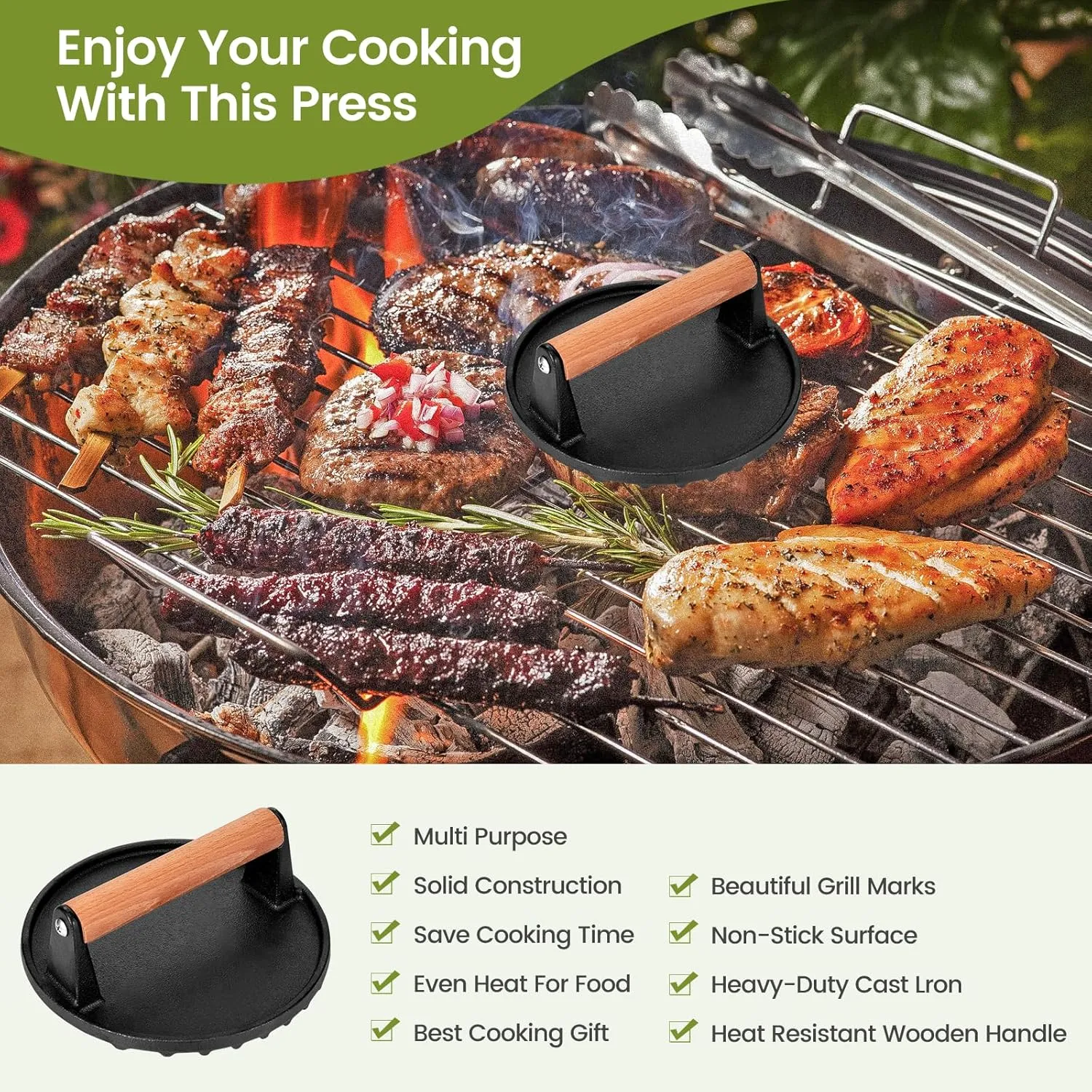 7” Round Heavy-Duty Cast Iron Smash Meat Steak with Wooden Handle for Blackstone Griddle, Ideal for Patty, Panini, Steak & Sandwiches, Nonstick Pan