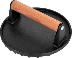 7” Round Heavy-Duty Cast Iron Smash Meat Steak with Wooden Handle for Blackstone Griddle, Ideal for Patty, Panini, Steak & Sandwiches, Nonstick Pan