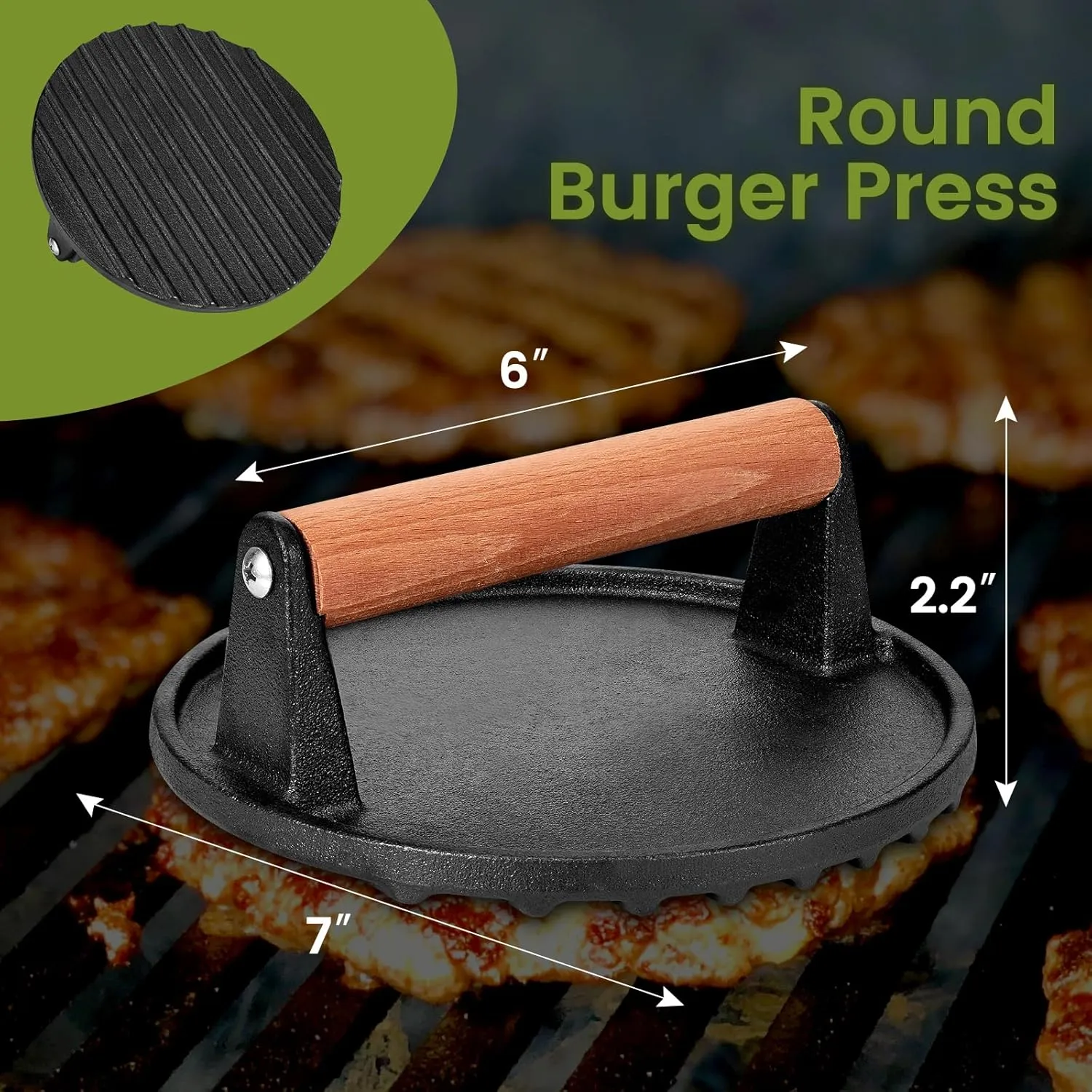7” Round Heavy-Duty Cast Iron Smash Meat Steak with Wooden Handle for Blackstone Griddle, Ideal for Patty, Panini, Steak & Sandwiches, Nonstick Pan