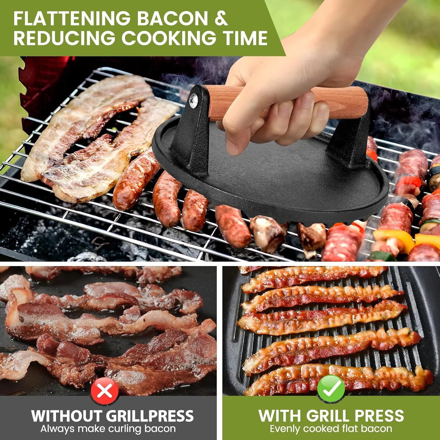 7” Round Heavy-Duty Cast Iron Smash Meat Steak with Wooden Handle for Blackstone Griddle, Ideal for Patty, Panini, Steak & Sandwiches, Nonstick Pan