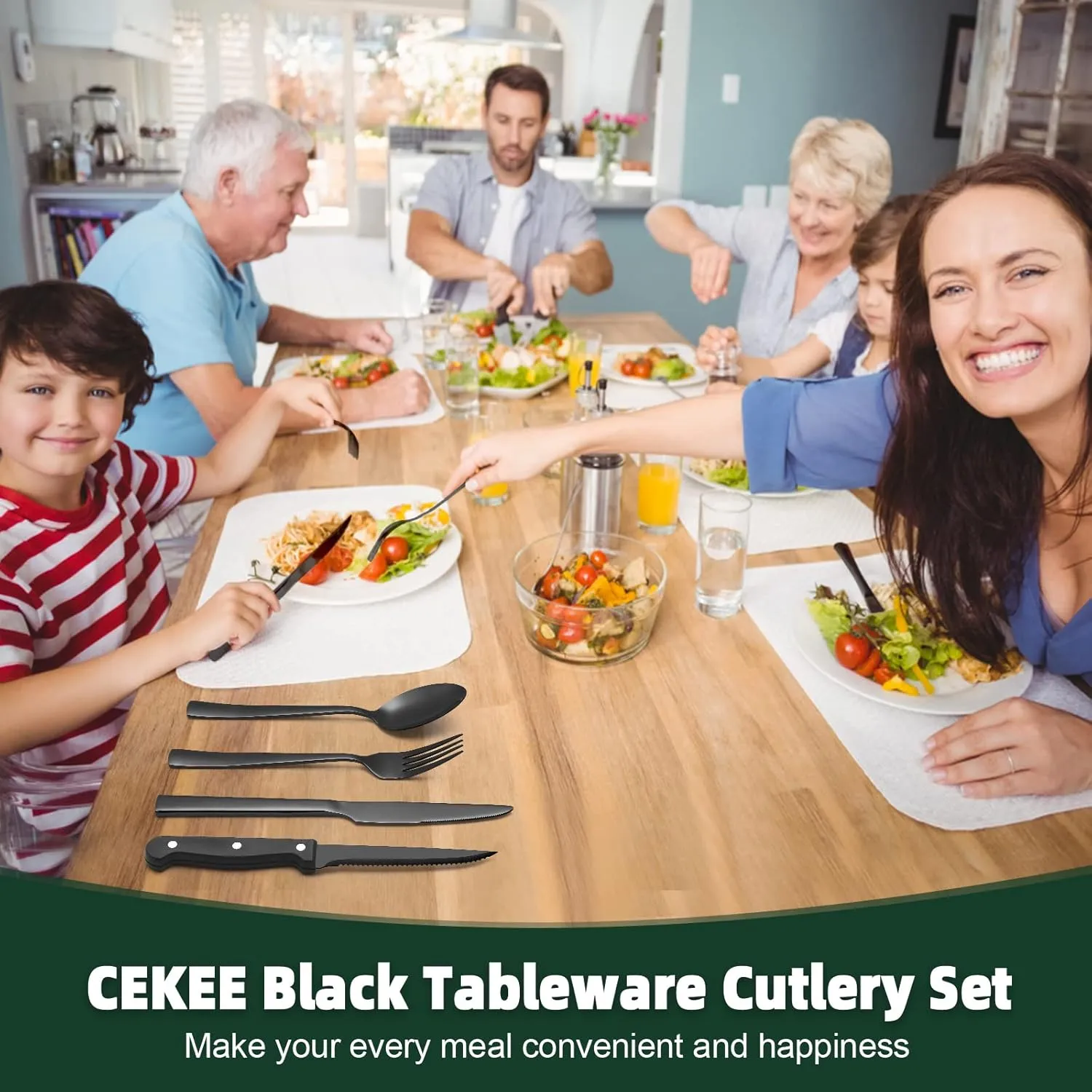 72-Piece Stainless Steel Black Silverware Set - CEKEE Flatware Kitchen Utensils Set, Cutlery Set for Home & Restaurant, Premium Knife Fork Spoon Set with Steak Knives, Heavy Duty & Dishwasher Safe