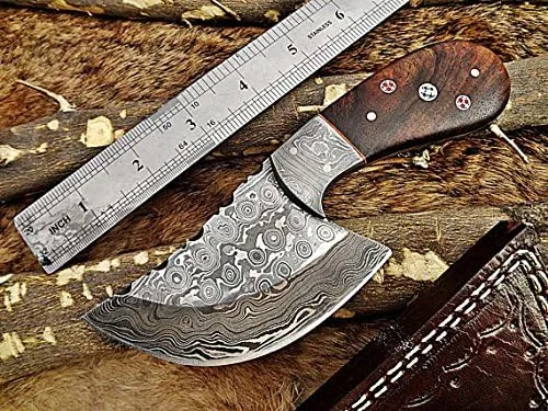 7" Long Compact Hand Forged Damascus Steel Wide Blade Skinning Knife with 3.5" Cutting, Natural Camel Bone Scale with Damascus Bolster, Cow Hide Leather Sheath
