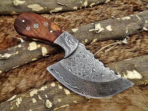 7" Long Compact Hand Forged Damascus Steel Wide Blade Skinning Knife with 3.5" Cutting, Natural Camel Bone Scale with Damascus Bolster, Cow Hide Leather Sheath