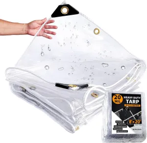 8×20ft, Clear Tarp with Grommets, 20 Mil, Vinyl Tarpaulin Heavy Duty Waterproof, Reinforced Edges, Outdoor Greenhouse Tarps, Rainproof, for Garden, Patio, Cars