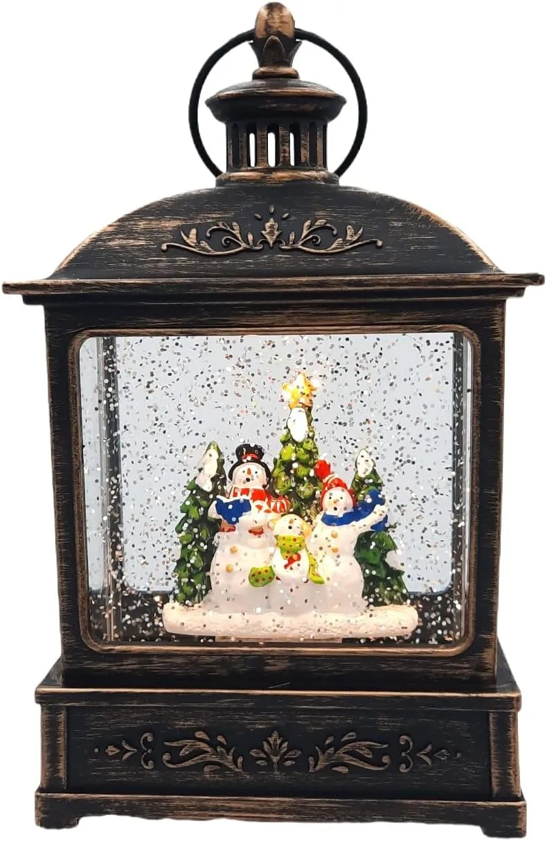8.25" Battery-Operated Antique Bronze Spinning Water Globe Lantern with Holiday Scene