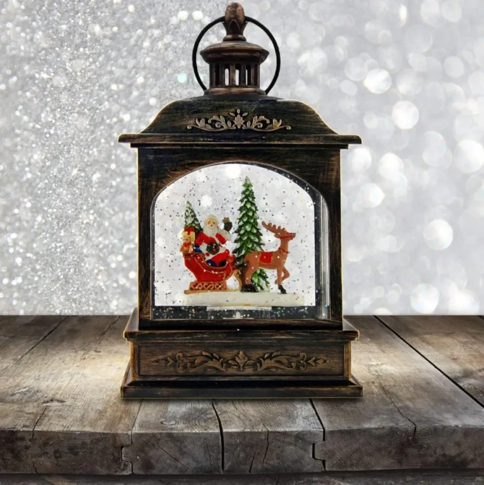 8.25" Battery-Operated Antique Bronze Spinning Water Globe Lantern with Holiday Scene