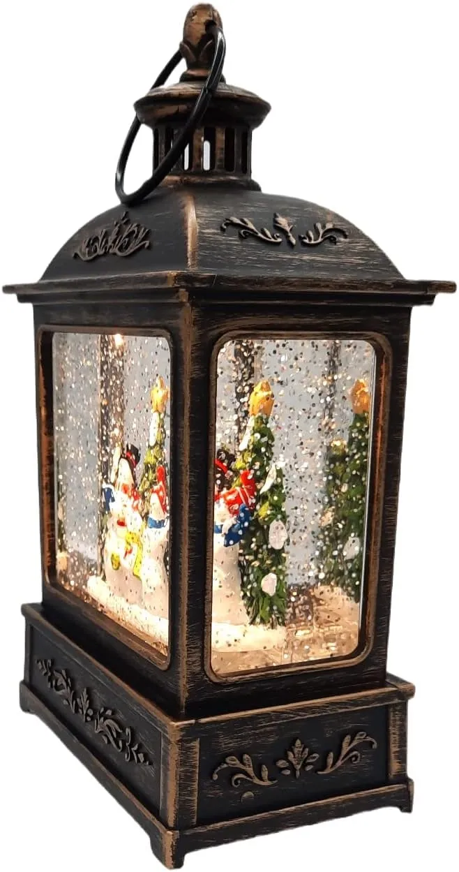 8.25" Battery-Operated Antique Bronze Spinning Water Globe Lantern with Holiday Scene