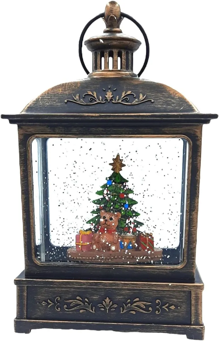 8.25" Battery-Operated Antique Bronze Spinning Water Globe Lantern with Holiday Scene