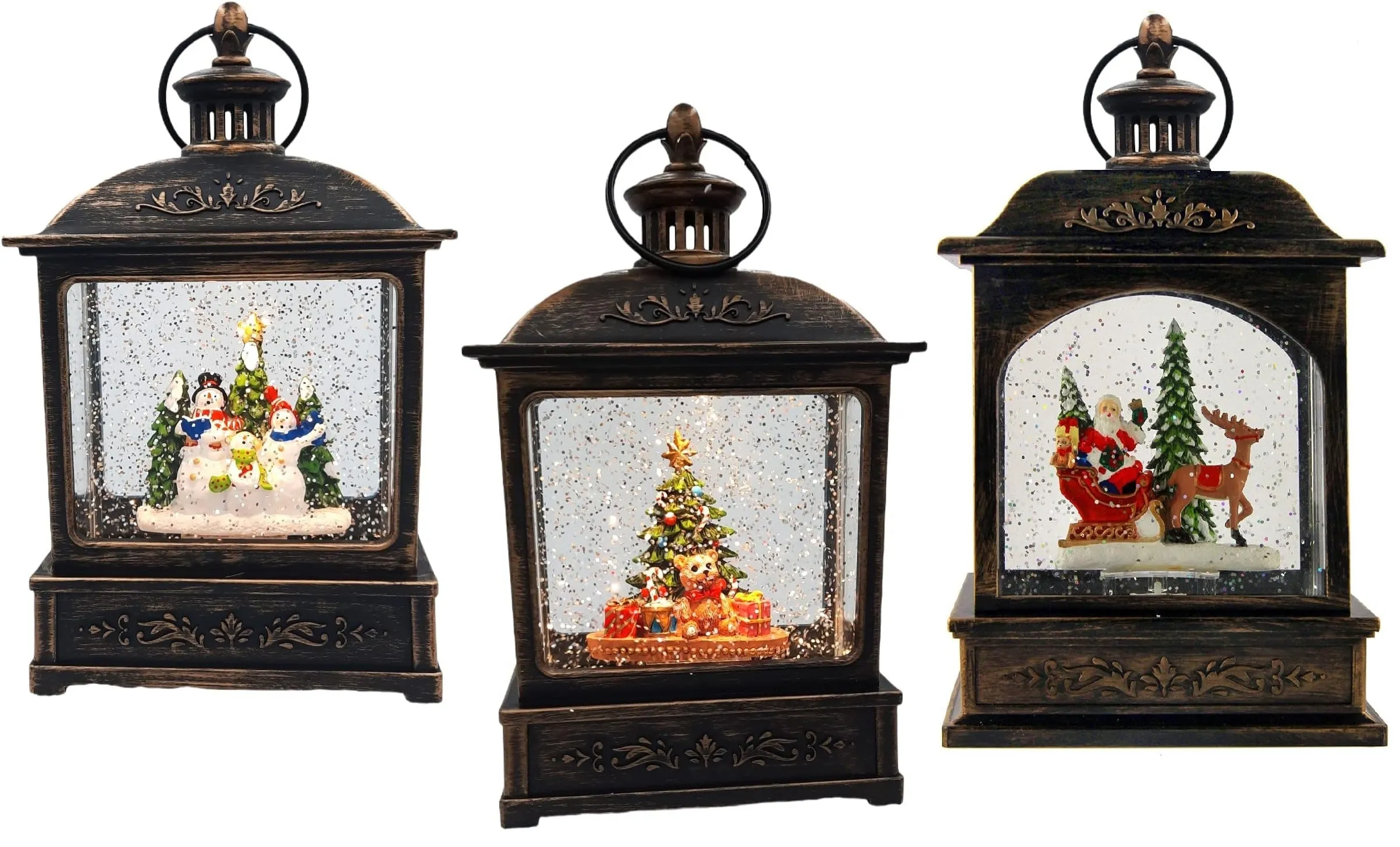 8.25" Battery-Operated Antique Bronze Spinning Water Globe Lantern with Holiday Scene
