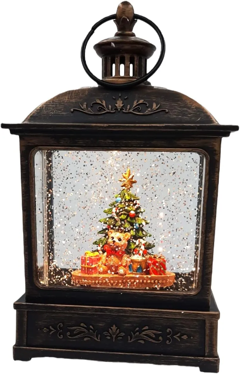 8.25" Battery-Operated Antique Bronze Spinning Water Globe Lantern with Holiday Scene