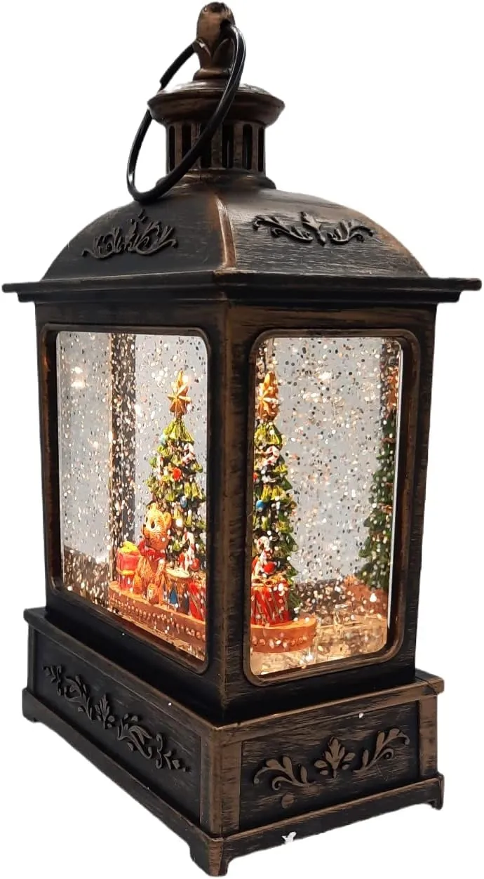 8.25" Battery-Operated Antique Bronze Spinning Water Globe Lantern with Holiday Scene