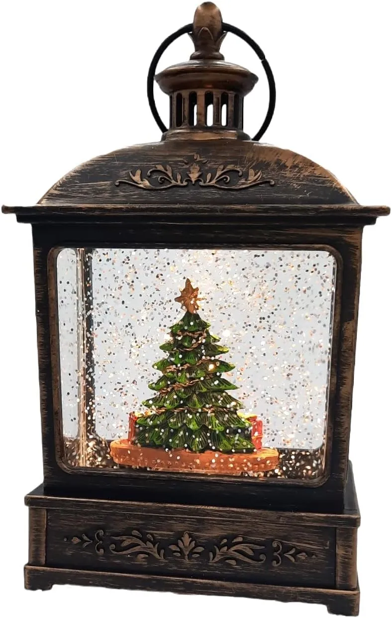 8.25" Battery-Operated Antique Bronze Spinning Water Globe Lantern with Holiday Scene