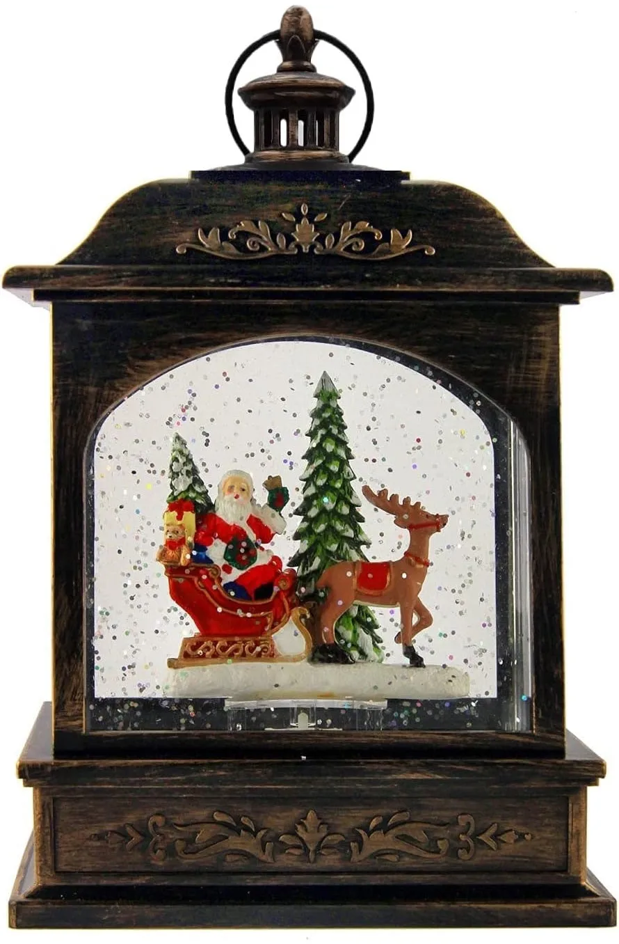 8.25" Battery-Operated Antique Bronze Spinning Water Globe Lantern with Holiday Scene