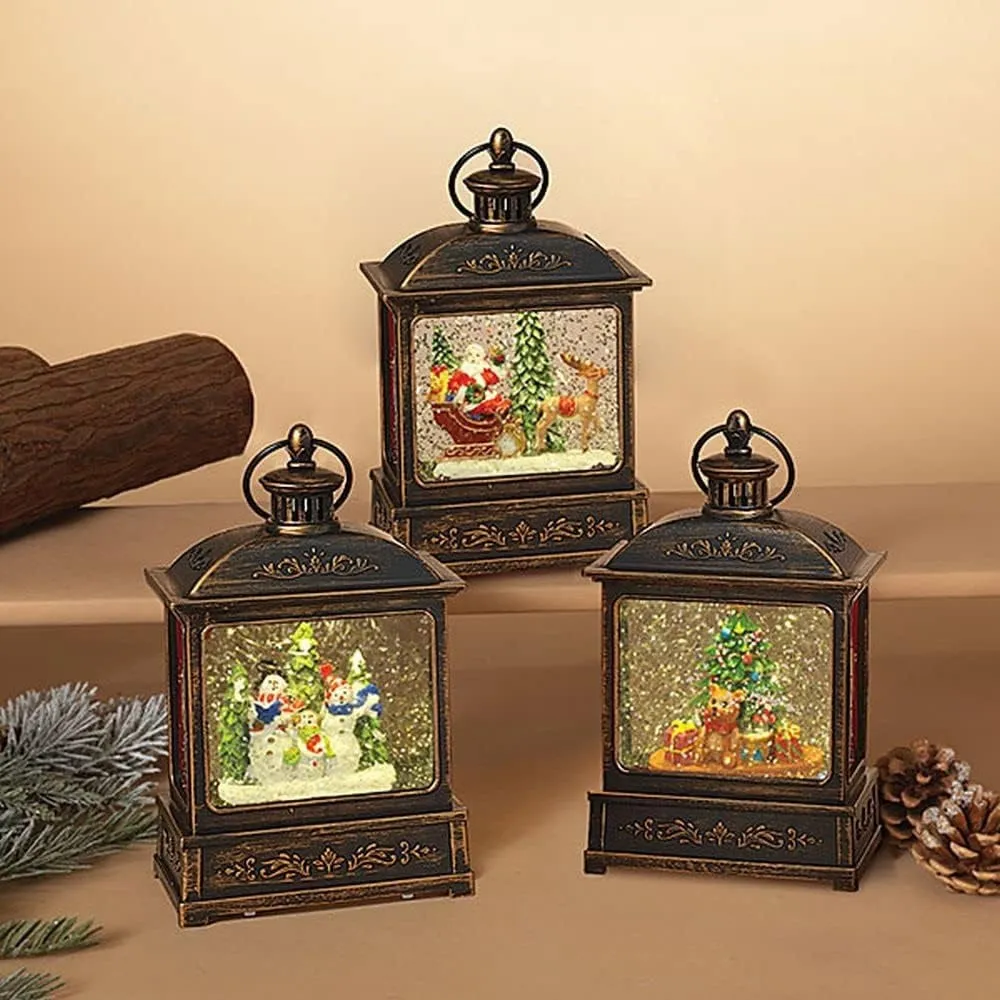 8.25" Battery-Operated Antique Bronze Spinning Water Globe Lantern with Holiday Scene
