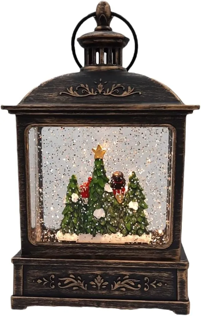 8.25" Battery-Operated Antique Bronze Spinning Water Globe Lantern with Holiday Scene