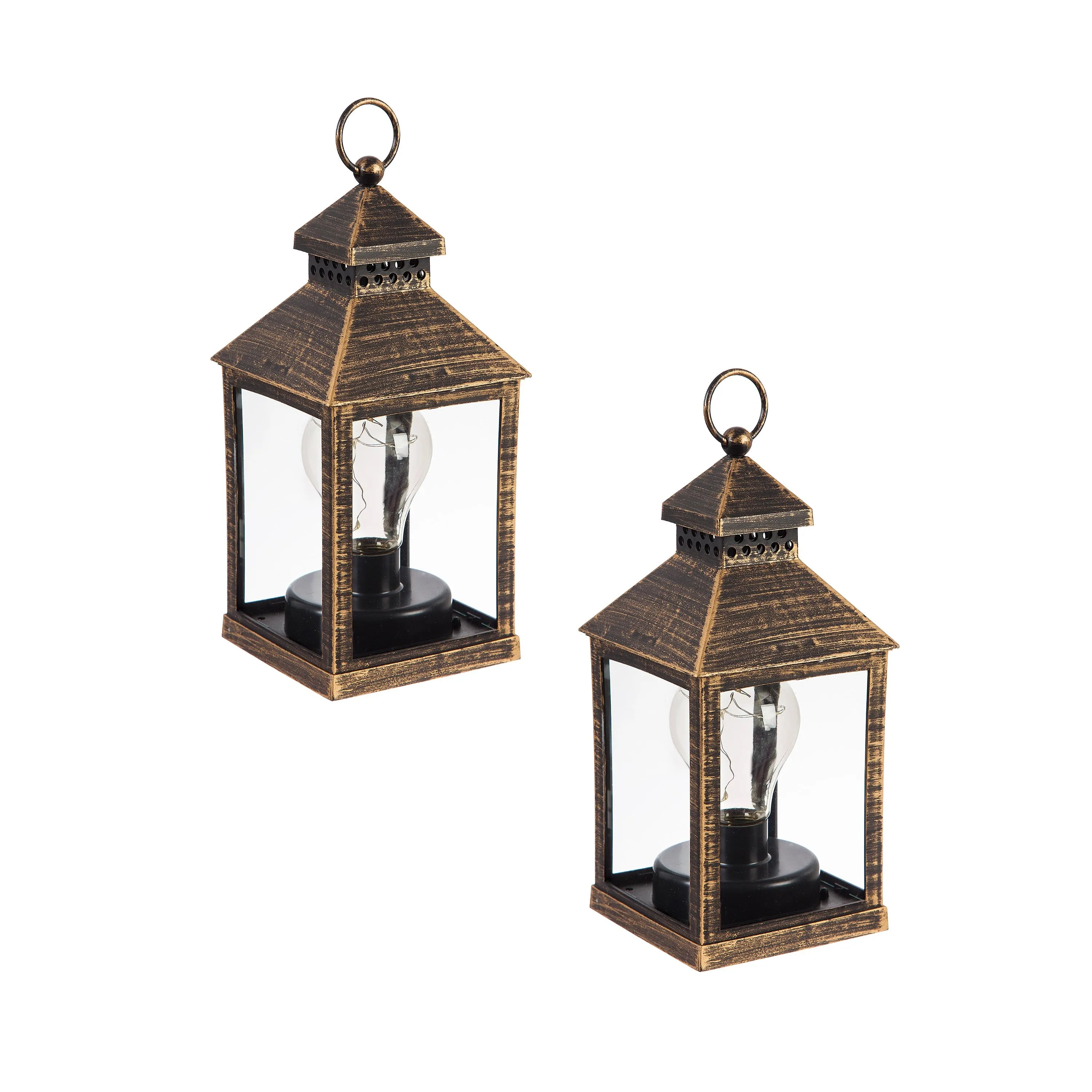 8.5"H Battery Operated Twinkling Light Bulb Lantern, Black with Brushed Gold, Set of 2